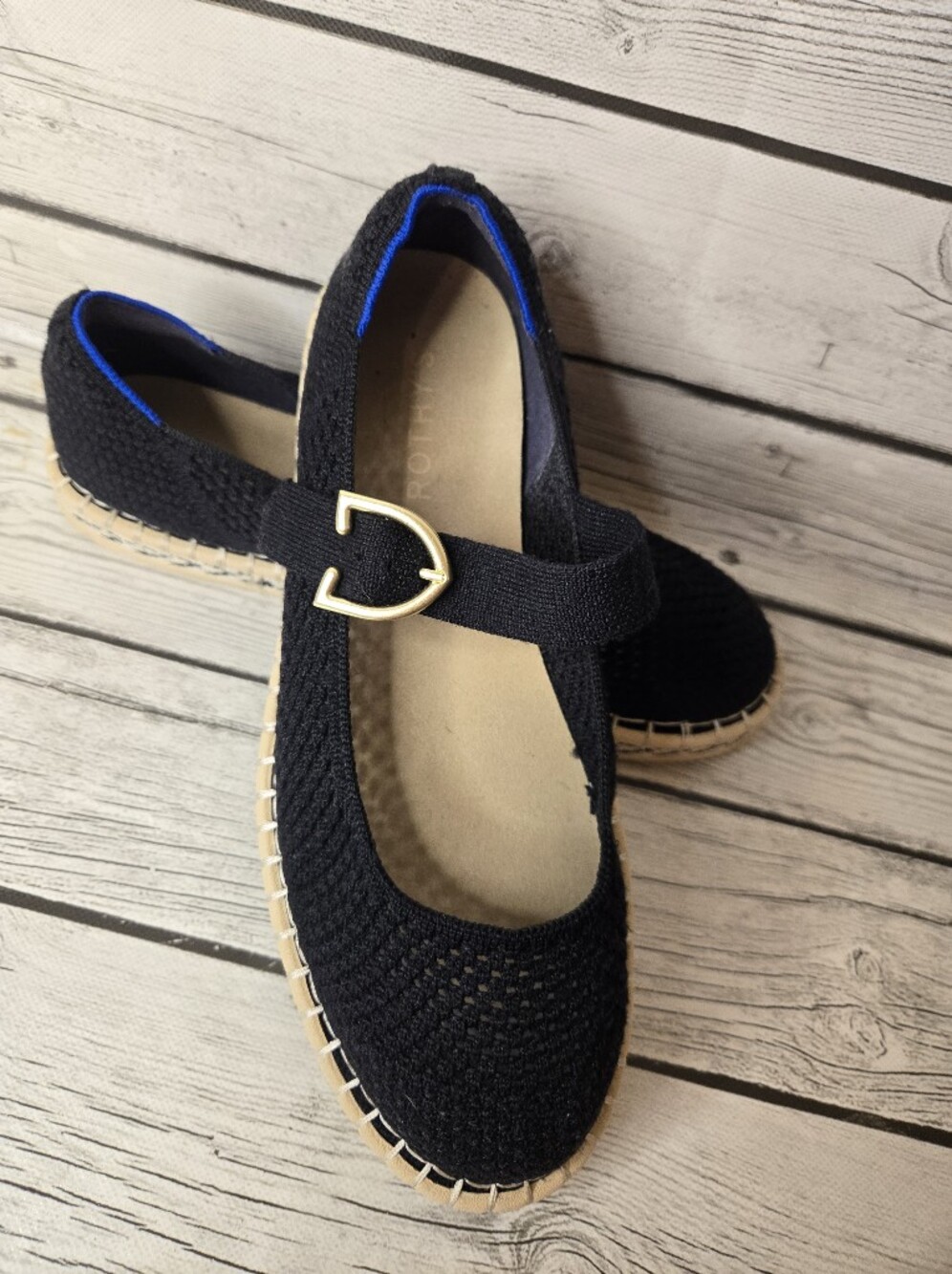 Rothy’s Women’s 8.5 Black Knit Mary Jane Espadrille Flats Gold Buckle